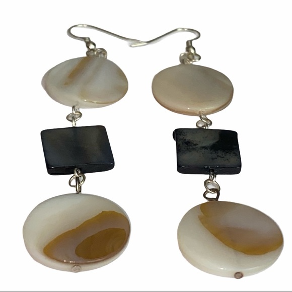 Hand Crafted Mother Of Pearl Earrings Dangle White & Steel Blue Handmade - Picture 4 of 6